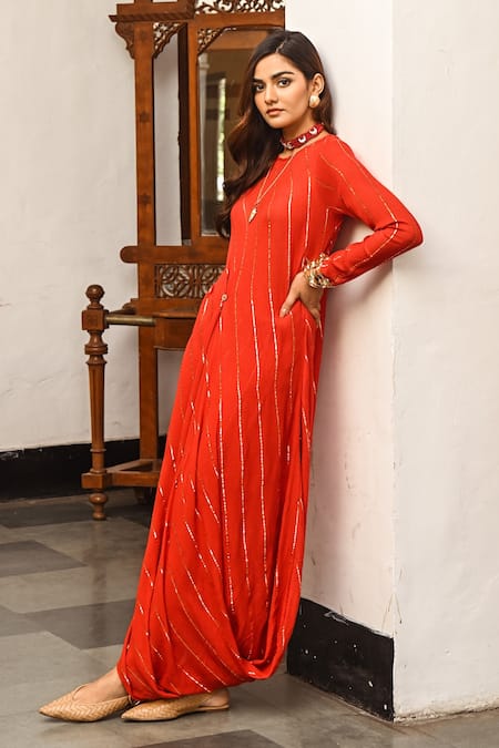 Shop Palak & Mehak Red Rayon Crepe Gota Patti Round Embroidered Cowl Tunic And Pant Set Online at Aza Fashions Shop_Palak & Mehak_Red Rayon Crepe Gota Patti Round Embroidered Cowl Tunic And Pant Set _Online_at_Aza_Fashions