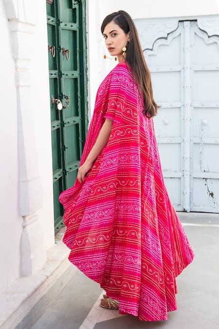 Palak & Mehak_Pink , Silk Bandhani Mandarin Asymmetric Hem Kurta And Pant Set _Online_at_Aza_Fashions