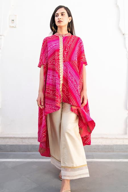 Buy_Palak & Mehak_Pink , Silk Bandhani Mandarin Asymmetric Hem Kurta And Pant Set _Online_at_Aza_Fashions
