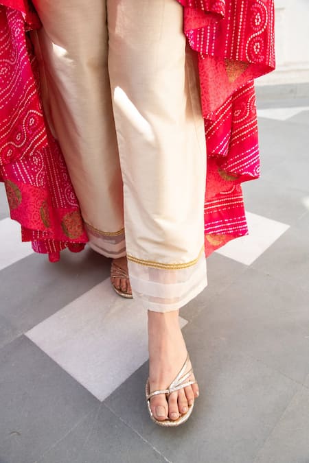 Shop_Palak & Mehak_Pink , Silk Bandhani Mandarin Asymmetric Hem Kurta And Pant Set _Online_at_Aza_Fashions