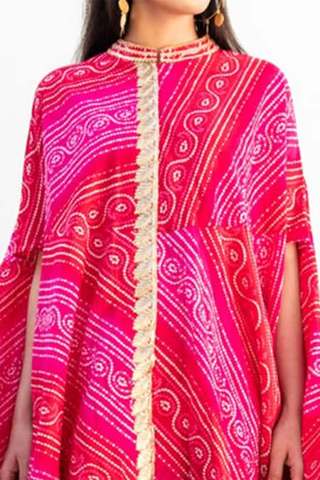 Palak & Mehak_Pink , Silk Bandhani Mandarin Asymmetric Hem Kurta And Pant Set _at_Aza_Fashions