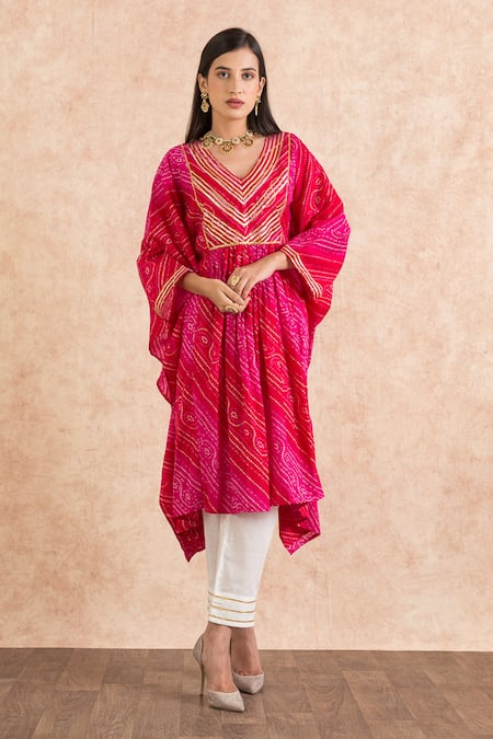 Shop_Palak & Mehak_Pink Cotton Bandhani V Neck Print Kaftan And Pant Set _Online_at_Aza_Fashions
