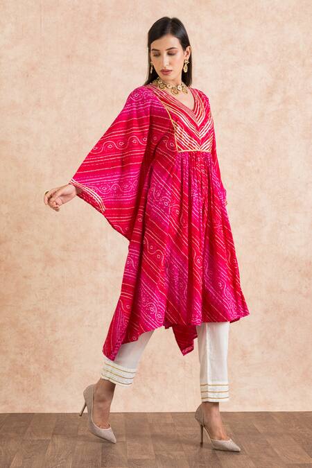 Palak & Mehak_Pink Cotton Bandhani V Neck Print Kaftan And Pant Set _Online_at_Aza_Fashions