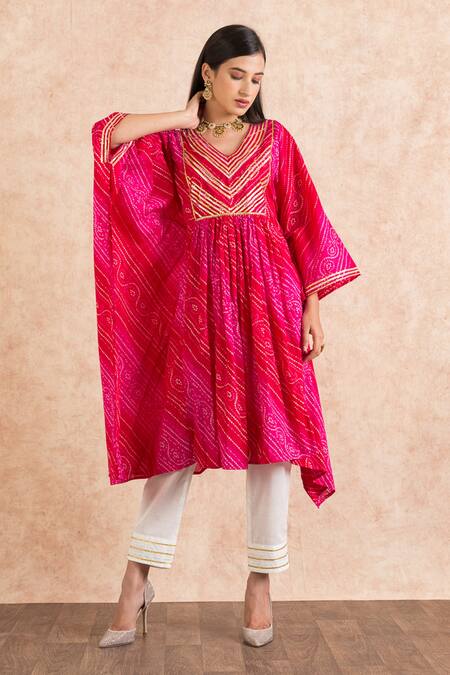 Buy_Palak & Mehak_Pink Cotton Bandhani V Neck Print Kaftan And Pant Set _Online_at_Aza_Fashions