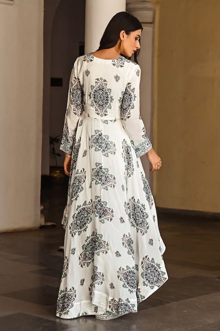 Shop Palak & Mehak White Cotton, Crepe Block Print, Gota Patti Round High Low Anarkali And Pant Set at Aza Fashions Shop_Palak & Mehak_White Cotton, Crepe Block Print, Gota Patti Round High Low Anarkali And Pant Set _at_Aza_Fashions