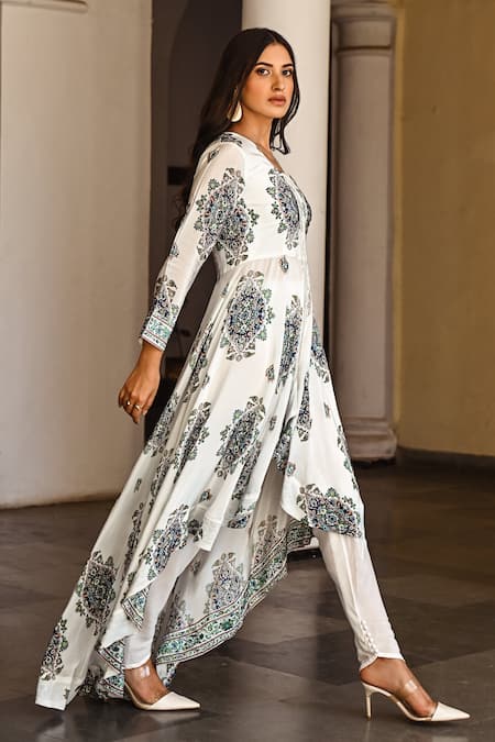Buy Palak & Mehak White Cotton, Crepe Block Print, Gota Patti Round High Low Anarkali And Pant Set Online at Aza Fashions Buy_Palak & Mehak_White Cotton, Crepe Block Print, Gota Patti Round High Low Anarkali And Pant Set _Online_at_Aza_Fashions