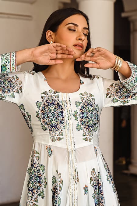 Shop Palak & Mehak White Cotton, Crepe Block Print, Gota Patti Round High Low Anarkali And Pant Set Online at Aza Fashions Shop_Palak & Mehak_White Cotton, Crepe Block Print, Gota Patti Round High Low Anarkali And Pant Set _Online_at_Aza_Fashions