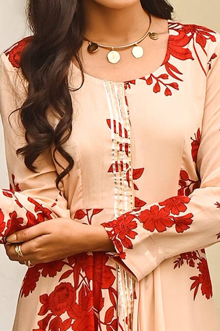 Buy Beige Cotton, Crepe Floral Print, Gota Patti Round High
