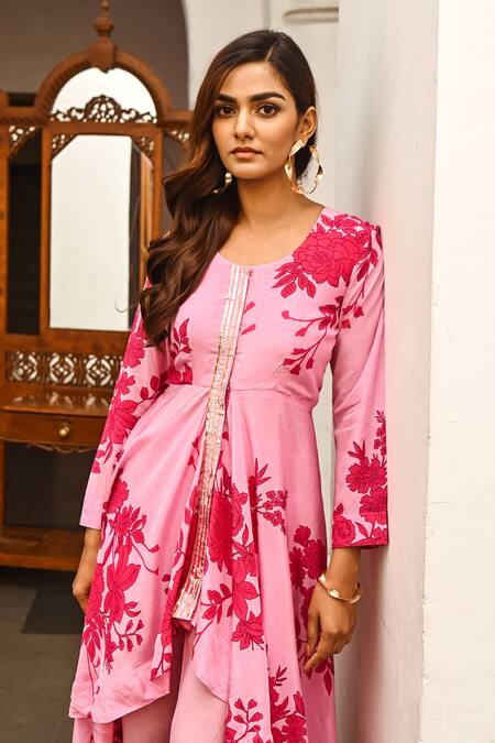 Shop_Palak & Mehak_Pink Cotton, Crepe Floral Print, Gota Patti Round High Low Anarkali And Pant Set_Online_at_Aza_Fashions