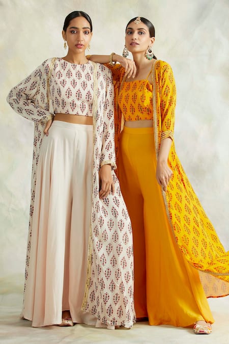 Buy_Palak & Mehak_Yellow Cape Georgette, Crop Top Crepe, Palazzo Cotton Modal Print And Set _Online_at_Aza_Fashions
