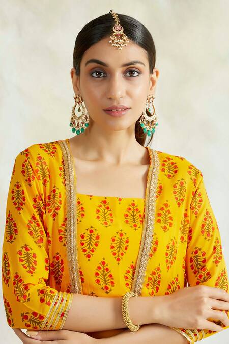 Shop_Palak & Mehak_Yellow Cape Georgette, Crop Top Crepe, Palazzo Cotton Modal Print And Set _Online_at_Aza_Fashions