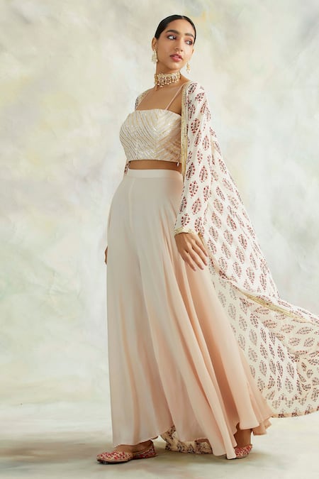 Shop_Palak & Mehak_Peach Georgette, Cotton Modal Floral Motifs, Gota Work Cape And Palazzo Set _at_Aza_Fashions