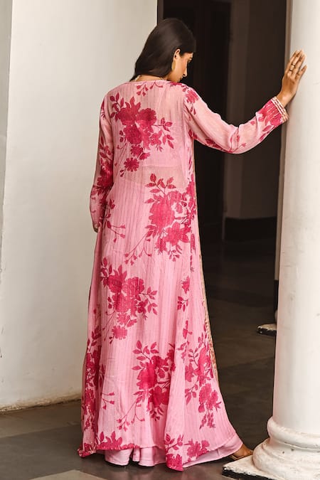 Shop_Palak & Mehak_Pink Georgette Floral Print, Gota Patti Square Neck Jacket Palazzo Set _at_Aza_Fashions