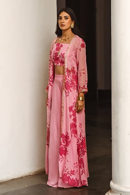 Buy_Palak & Mehak_Pink Georgette Floral Print, Gota Patti Square Neck Jacket Palazzo Set _Online_at_Aza_Fashions