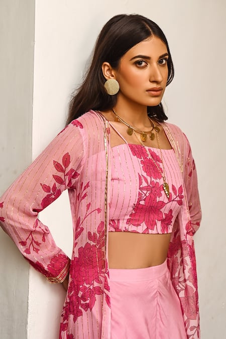 Buy Pink Georgette Embroidered Gota Patti Floral Print Jacket Palazzo Set  For Women by Palak & Mehak Online at Aza Fashions.