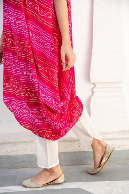Shop Palak & Mehak Pink Cotton Bandhani Round Neck Split Sleeved Kurta And Tulip Pant Set Online at Aza Fashions Shop_Palak & Mehak_Pink Cotton Bandhani Round Neck Split Sleeved Kurta And Tulip Pant Set _Online_at_Aza_Fashions