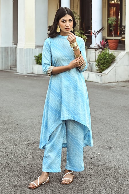 Buy Blue Cotton Printed Bandhani Round High Low Kurta And Pant Set For Women by Palak Mehak Online at Aza Fashions