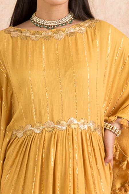 Palak & Mehak_Yellow Rayon Crepe Gota Work, Stripes Boat Neck Embroidered Kaftan And Pant Set_at_Aza_Fashions