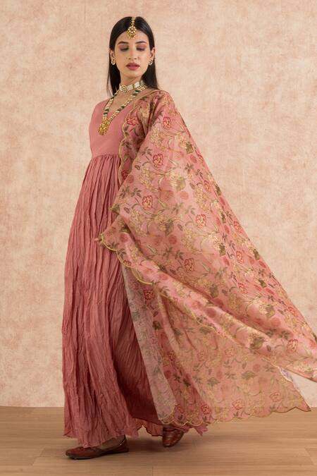 Palak & Mehak Pink Anarkali Kurta Cotton, Dupatta Chanderi Floral Motifs U Neck With Printed Online at Aza Fashions Palak & Mehak_Pink Anarkali Kurta Cotton, Dupatta Chanderi Floral Motifs U Neck With Printed _Online_at_Aza_Fashions