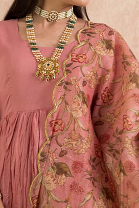 Palak & Mehak Pink Anarkali Kurta Cotton, Dupatta Chanderi Floral Motifs U Neck With Printed at Aza Fashions Palak & Mehak_Pink Anarkali Kurta Cotton, Dupatta Chanderi Floral Motifs U Neck With Printed _at_Aza_Fashions