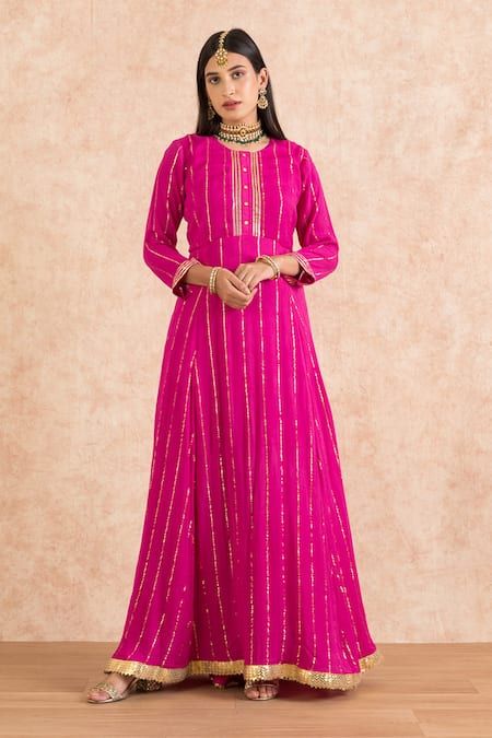 Buy_Palak & Mehak_Pink Dupatta Chiffon, Kurta Rayon Crepe Gota Work Round Neck Embroidered Set _Online_at_Aza_Fashions