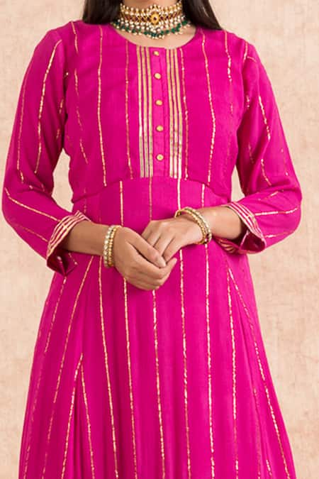 Palak & Mehak_Pink Dupatta Chiffon, Kurta Rayon Crepe Gota Work Round Neck Embroidered Set _at_Aza_Fashions