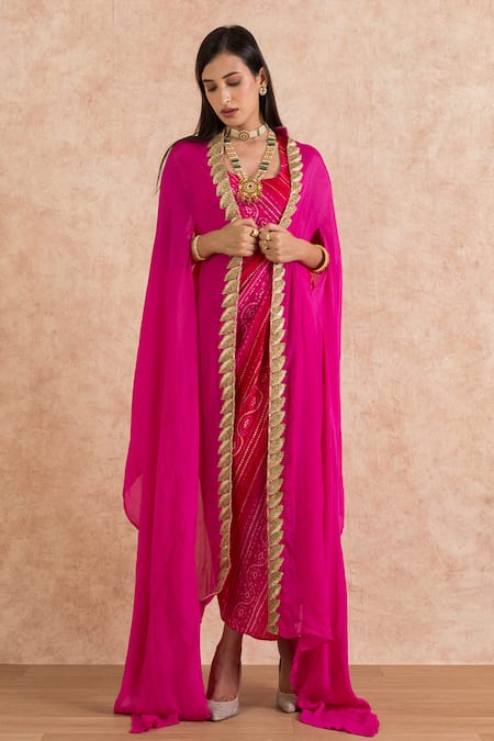 Buy_Palak & Mehak_Pink Cape Georgette, Dress Cotton Gota Work, Bandhani Tunic Scoop Print With _Online_at_Aza_Fashions