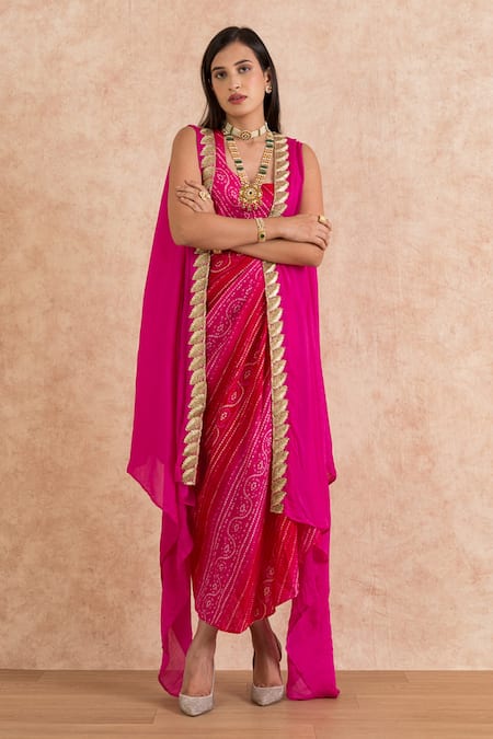 Shop_Palak & Mehak_Pink Cape Georgette, Dress Cotton Gota Work, Bandhani Tunic Scoop Print With _Online_at_Aza_Fashions