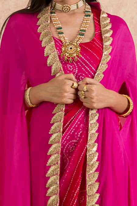 Palak & Mehak_Pink Cape Georgette, Dress Cotton Gota Work, Bandhani Tunic Scoop Print With _at_Aza_Fashions