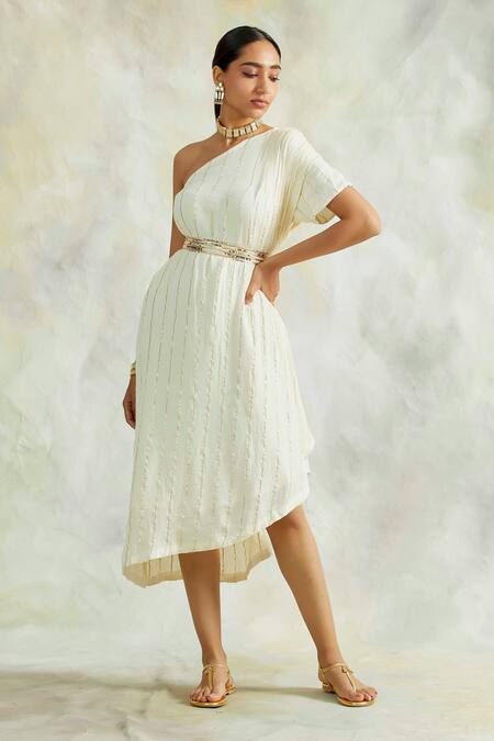 Palak & Mehak Beige Rayon Crepe Stripes One Shoulder Cowl Dress Online at Aza Fashions Palak & Mehak_Beige Rayon Crepe Stripes One Shoulder Cowl Dress _Online_at_Aza_Fashions