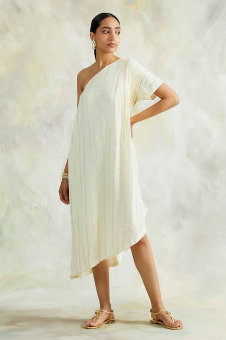 Buy Palak & Mehak Beige Rayon Crepe Stripes One Shoulder Cowl Dress Online at Aza Fashions Buy_Palak & Mehak_Beige Rayon Crepe Stripes One Shoulder Cowl Dress _Online_at_Aza_Fashions