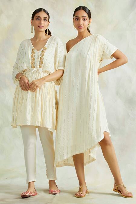 Shop Palak & Mehak Beige Rayon Crepe Stripes One Shoulder Cowl Dress Online at Aza Fashions Shop_Palak & Mehak_Beige Rayon Crepe Stripes One Shoulder Cowl Dress _Online_at_Aza_Fashions