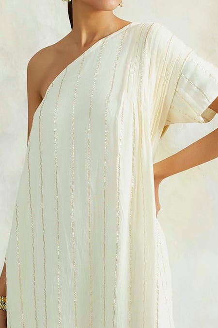Palak & Mehak Beige Rayon Crepe Stripes One Shoulder Cowl Dress at Aza Fashions Palak & Mehak_Beige Rayon Crepe Stripes One Shoulder Cowl Dress _at_Aza_Fashions