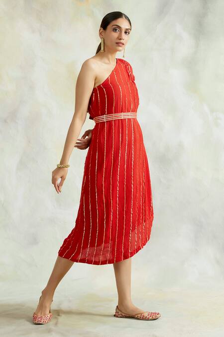 Palak & Mehak Red Rayon Crepe Stripes One Shoulder Cowl Dress Online at Aza Fashions Palak & Mehak_Red Rayon Crepe Stripes One Shoulder Cowl Dress _Online_at_Aza_Fashions