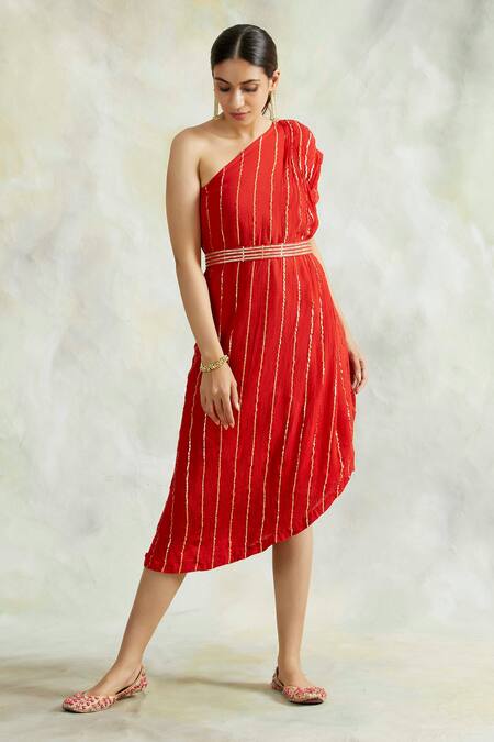 Buy Palak & Mehak Red Rayon Crepe Stripes One Shoulder Cowl Dress Online at Aza Fashions Buy_Palak & Mehak_Red Rayon Crepe Stripes One Shoulder Cowl Dress _Online_at_Aza_Fashions