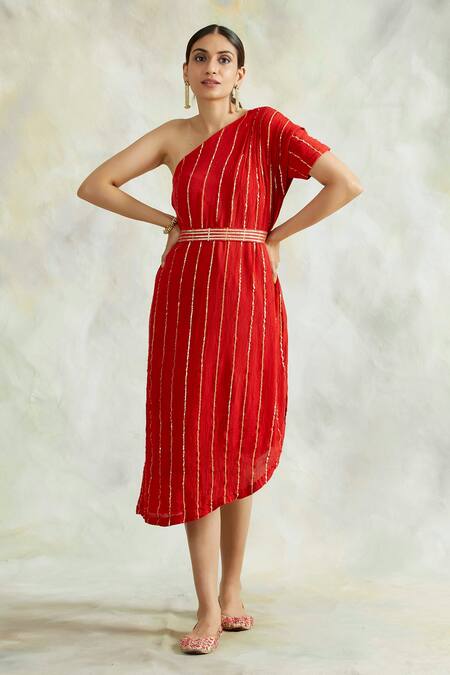 Shop Palak & Mehak Red Rayon Crepe Stripes One Shoulder Cowl Dress Online at Aza Fashions Shop_Palak & Mehak_Red Rayon Crepe Stripes One Shoulder Cowl Dress _Online_at_Aza_Fashions