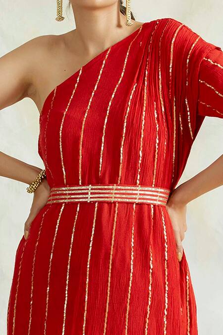 Palak & Mehak Red Rayon Crepe Stripes One Shoulder Cowl Dress at Aza Fashions Palak & Mehak_Red Rayon Crepe Stripes One Shoulder Cowl Dress _at_Aza_Fashions