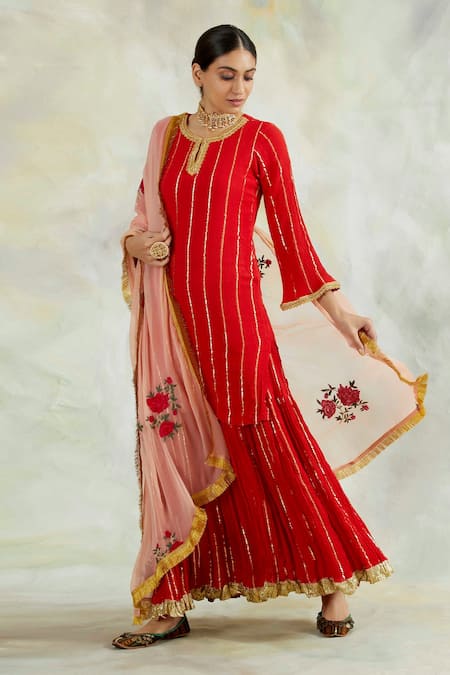 Palak & Mehak Red Rayon Crepe Gota Work Kurta Set With Dupatta