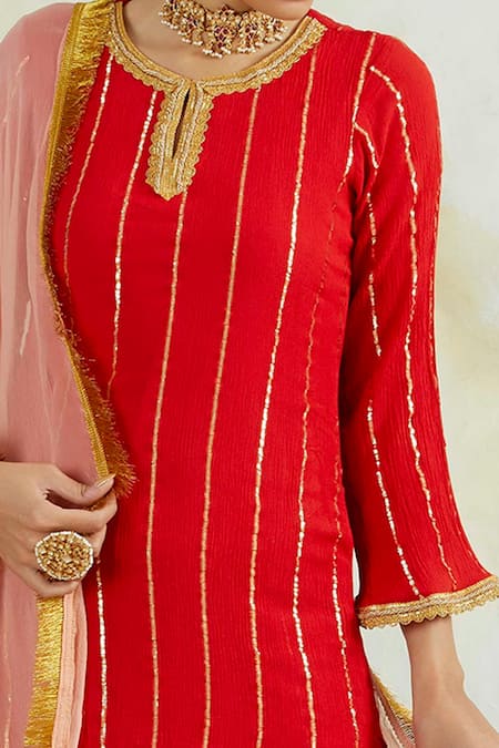 Palak & Mehak_Red Rayon Crepe Gota Work Kurta Set With Dupatta_at_Aza_Fashions