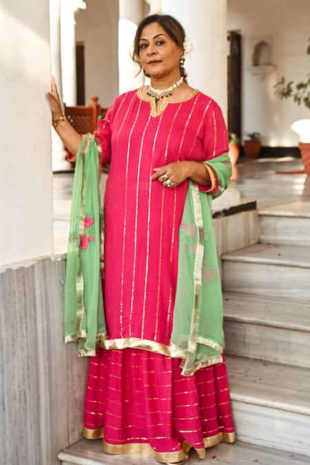 Palak & Mehak Pink Modal Floral Print, Gota Patti Round Notched Layered Kurta With Dupatta 