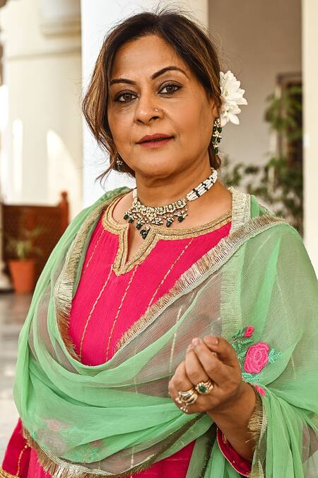 Palak & Mehak Pink Modal Floral Print, Gota Patti Round Notched Layered Kurta With Dupatta at Aza Fashions Palak & Mehak_Pink Modal Floral Print, Gota Patti Round Notched Layered Kurta With Dupatta _at_Aza_Fashions