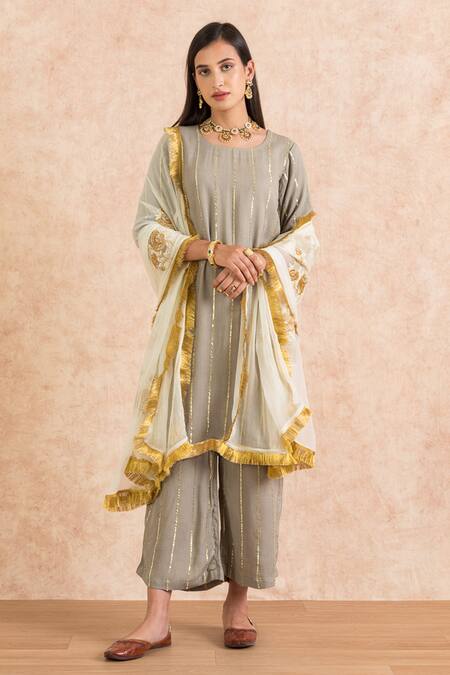 Palak & Mehak Grey Rayon Crepe Gota Embroidered Kurta Set