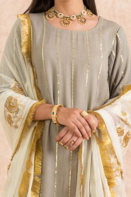 Palak & Mehak_Grey Rayon Crepe Gota Embroidered Kurta Set_at_Aza_Fashions