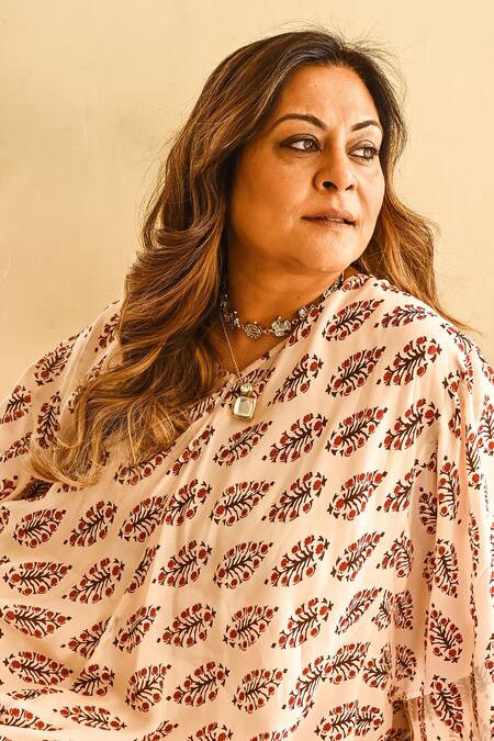 Shop_Palak & Mehak_Peach Georgette Block Print V Neck Kaftan Dress _Online_at_Aza_Fashions