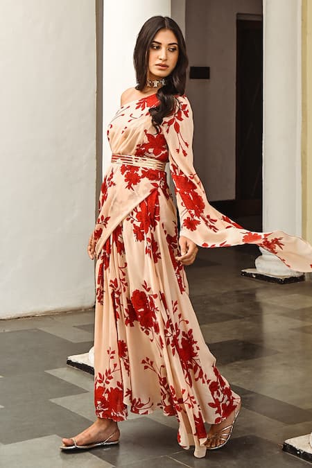Palak & Mehak Beige Georgette Floral One Shoulder Printed Draped Top And Skirt Set at Aza Fashions Palak & Mehak_Beige Georgette Floral One Shoulder Printed Draped Top And Skirt Set _at_Aza_Fashions