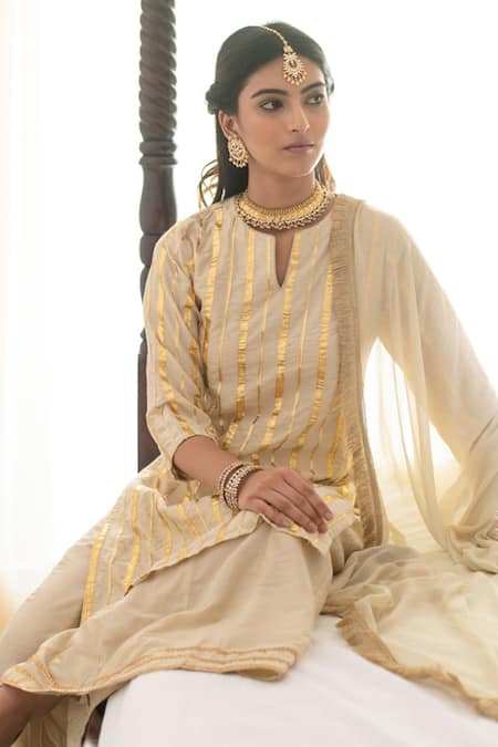 Buy Palak & Mehak Beige Dupatta Chiffon, Kurta And Pant Cotton Silk Gota Embroidered Palazzo Set Online at Aza Fashions Buy_Palak & Mehak_Beige Dupatta Chiffon, Kurta And Pant Cotton Silk Gota Embroidered Palazzo Set _Online_at_Aza_Fashions