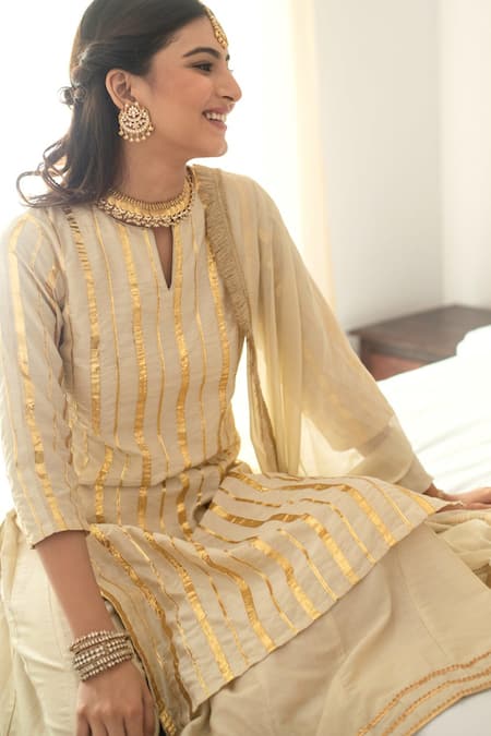 Palak & Mehak Beige Dupatta Chiffon, Kurta And Pant Cotton Silk Gota Embroidered Palazzo Set at Aza Fashions Palak & Mehak_Beige Dupatta Chiffon, Kurta And Pant Cotton Silk Gota Embroidered Palazzo Set _at_Aza_Fashions