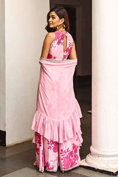 Palak & Mehak_Pink Crepe Floral Print, Gota Patti High Neck Jacket Palazzo Set _Online_at_Aza_Fashions