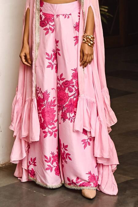 Buy_Palak & Mehak_Pink Crepe Floral Print, Gota Patti High Neck Jacket Palazzo Set 