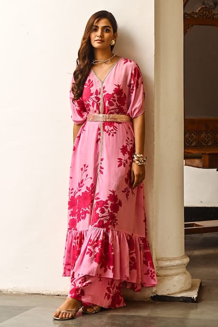 Palak & Mehak Pink Crepe Printed Floral V Neck Kaftan Tunic And Pant Set 